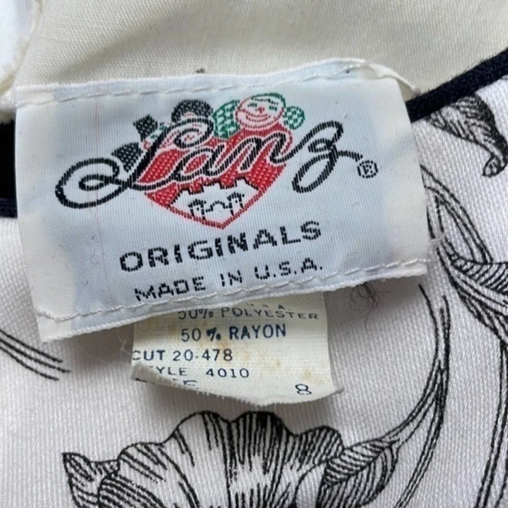 Vintage‎ Lanz Originals Black & White Floral Cottagcore Dress Size 8
